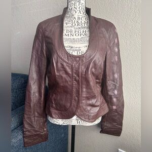 Cache Brown 100% Lamb Leather Jacket Half Collar Buttery Soft Size 10 Retro Y2K